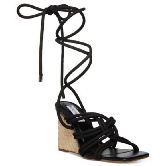 STEVE Madden "Idolized" Ankle Tie Wedge Sandals Black Espadrille - Picture 1 of 9